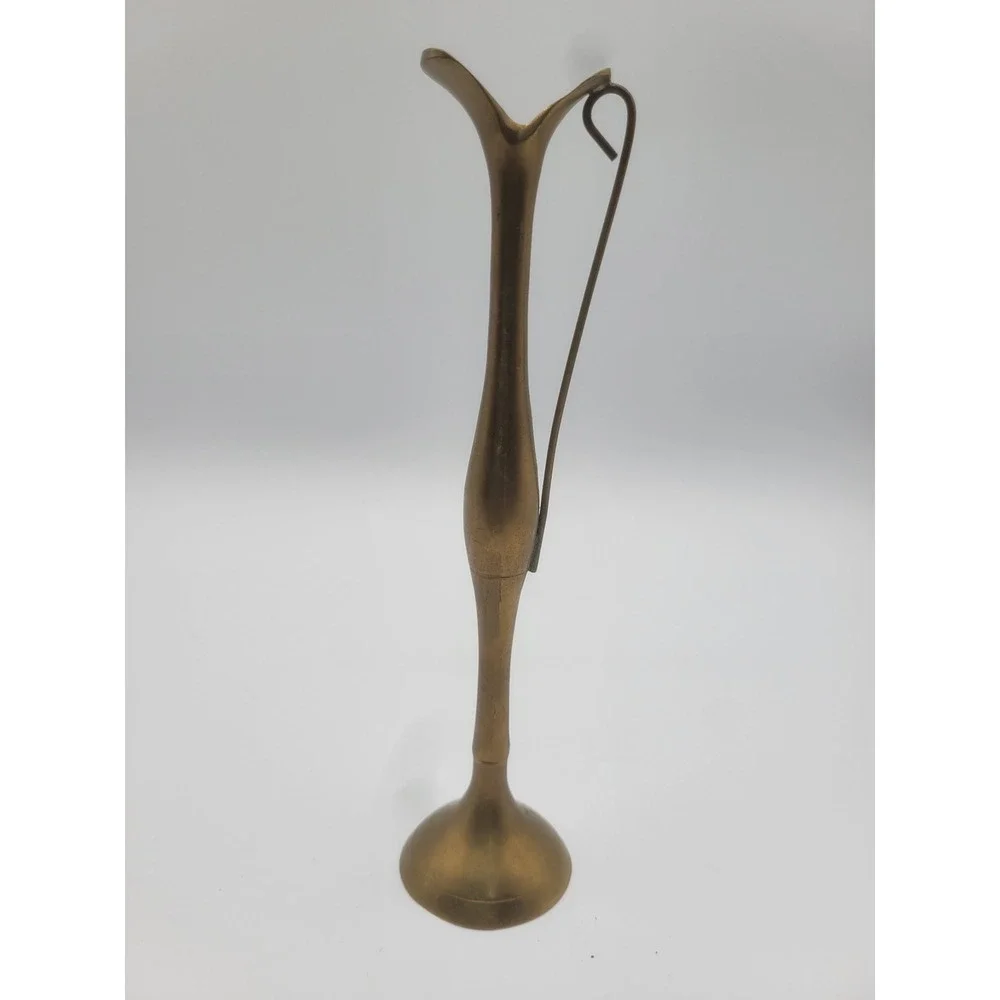 Vintage Solid Brass Bud Vase Tall Slender Handle Mid Century Modern Gold 7.5in